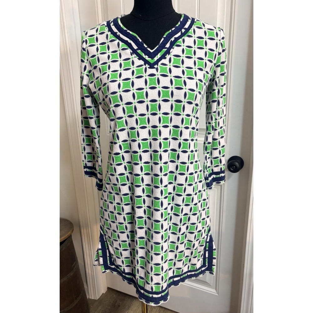 Cabana Life Women's Small Terry Cloth Cover Up Dress Green Navy Resort Beach
